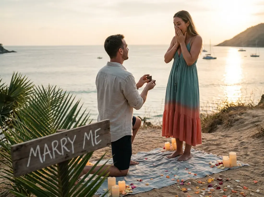 Candle-lit setup for a secret proposal planning surprise couple beach hidden in Phuket