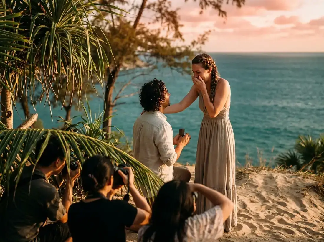 Couple during a secret proposal planning surprise couple beach hidden in Phuket