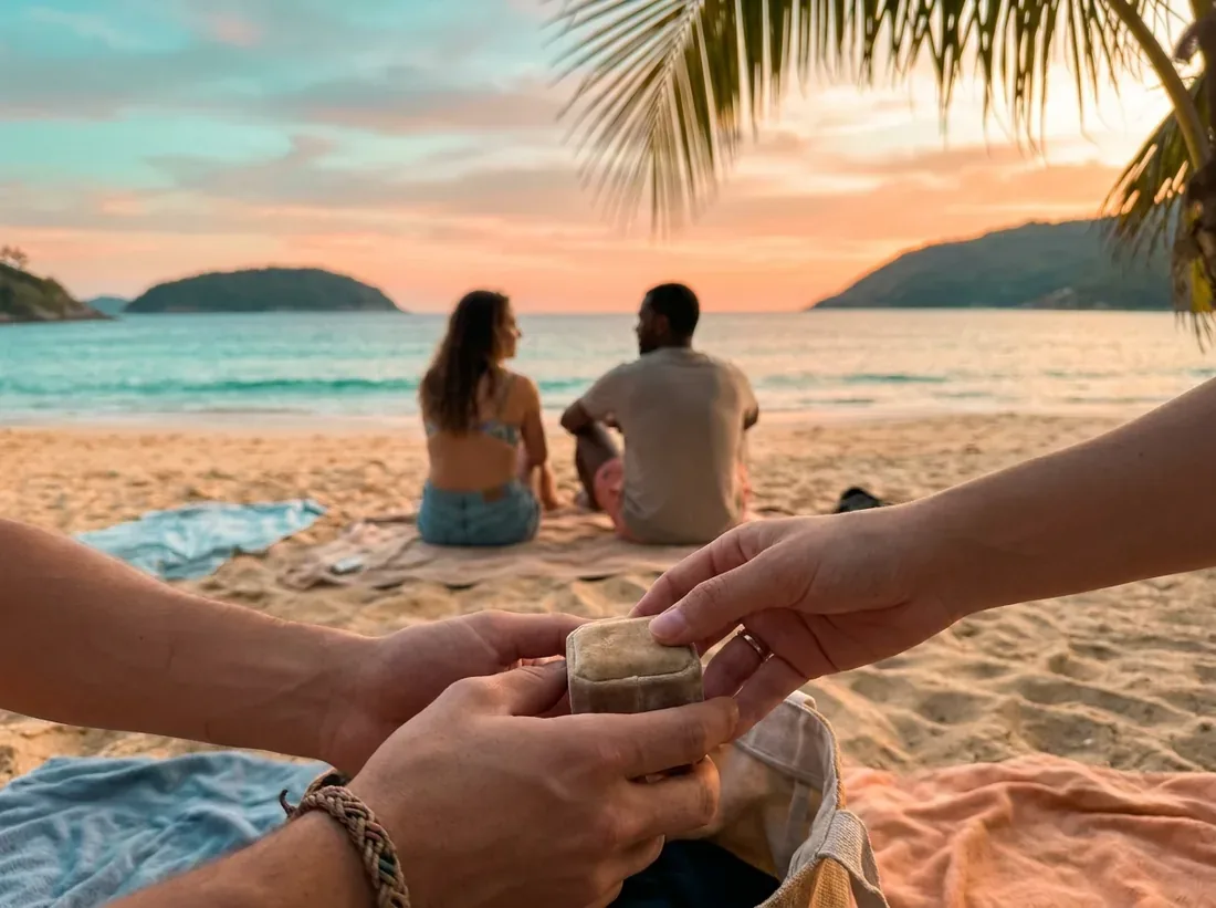 Close-up detail of a secret proposal planning surprise couple beach hidden in Phuket