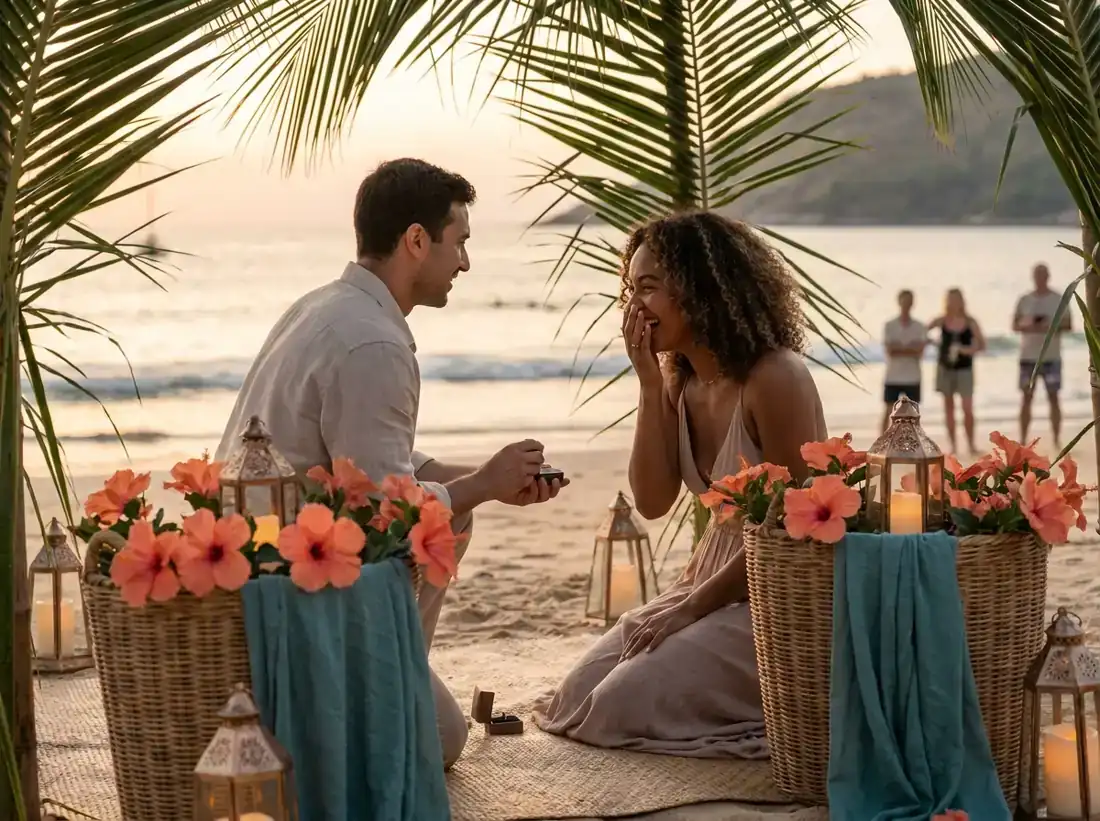 Styled decor for a secret proposal planning surprise couple beach hidden in Phuket