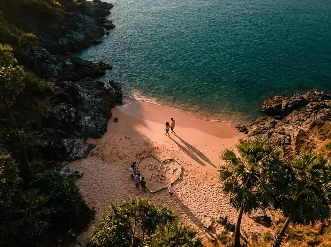 Aerial view of Nai Harn Beach, Phuket, Thailand for a secret proposal planning surprise couple beach hidden