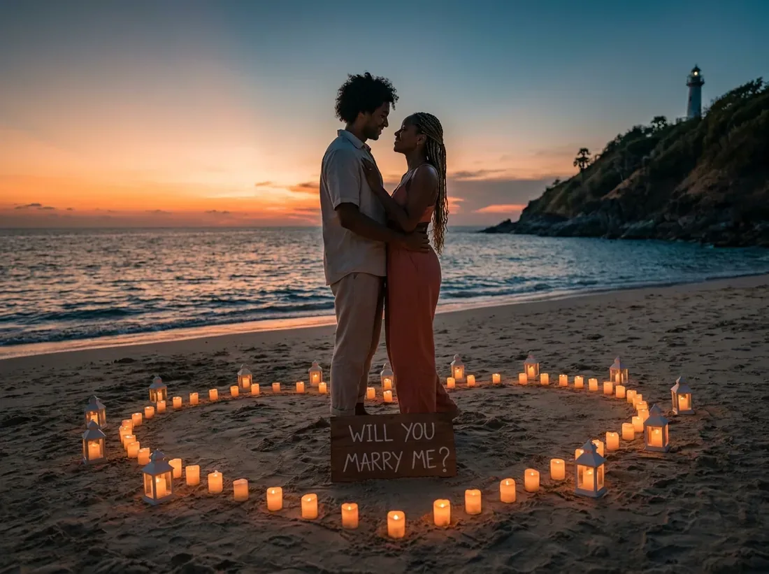 Candle-lit setup for a how to propose phuket beach sunset couple guide in Phuket