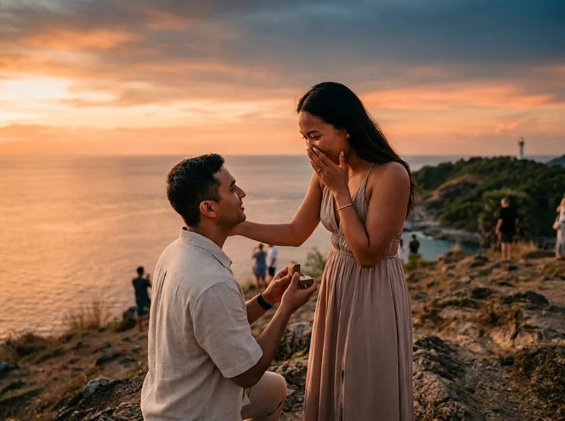 Couple during a how to propose phuket beach sunset couple guide in Phuket