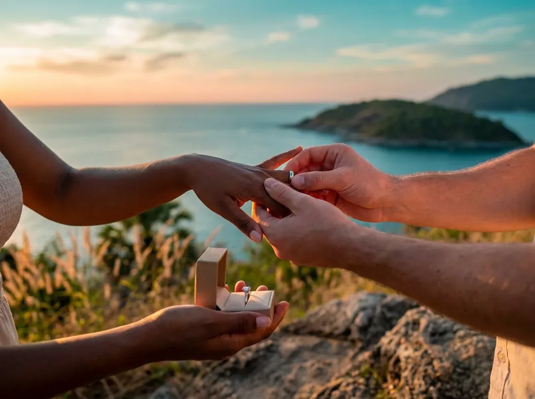 Close-up detail of a how to propose phuket beach sunset couple guide in Phuket