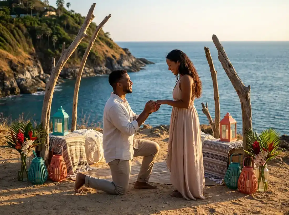 Styled decor for a how to propose phuket beach sunset couple guide in Phuket
