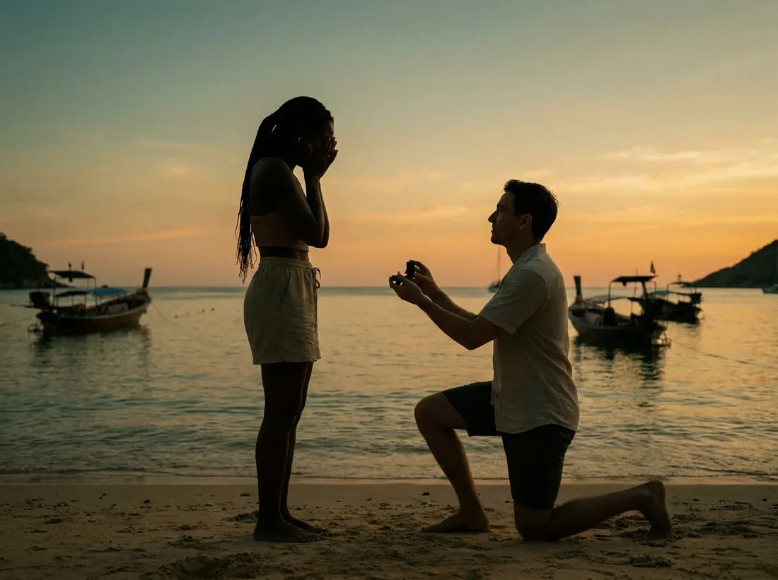 Sunset silhouette of a how to propose phuket beach sunset couple guide in Phuket