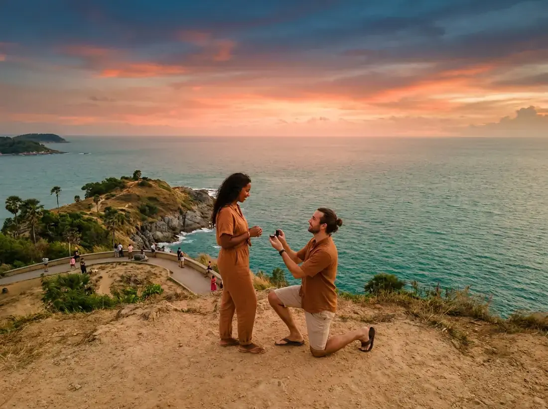 Aerial view of Promthep Cape, Phuket, Thailand for a how to propose phuket beach sunset couple guide