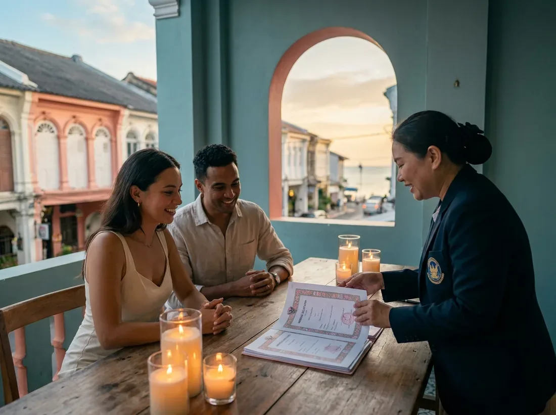 Candle-lit setup for a thailand marriage legal documents embassy couple official in Phuket