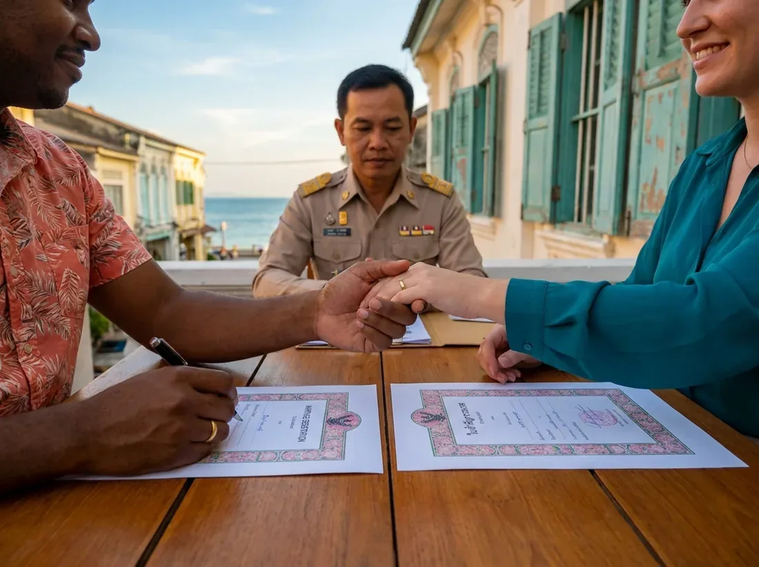 Close-up detail of a thailand marriage legal documents embassy couple official in Phuket