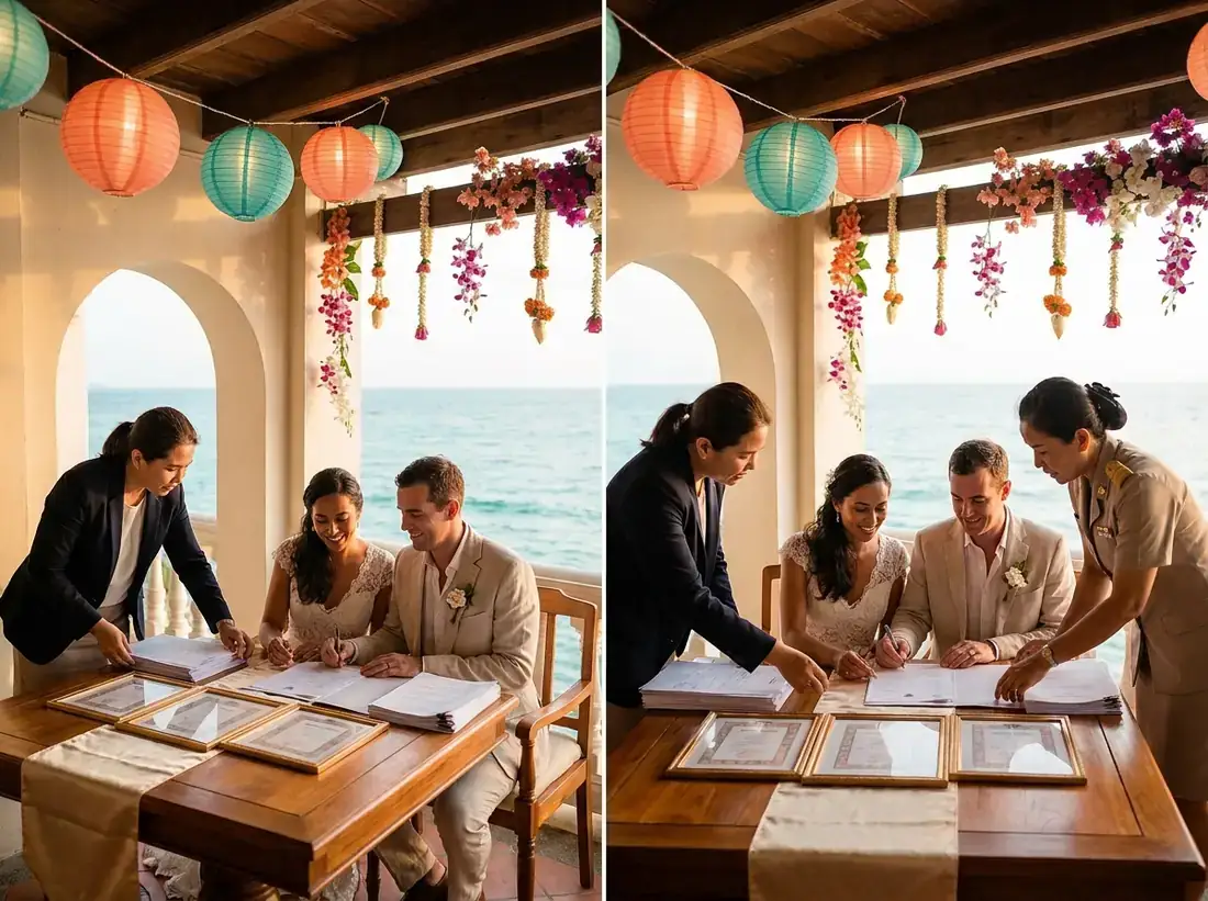 Styled decor for a thailand marriage legal documents embassy couple official in Phuket