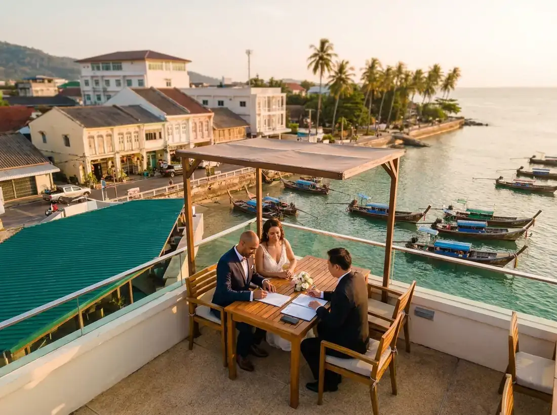 Aerial view of Phuket Old Town, Thailand for a thailand marriage legal documents embassy couple official