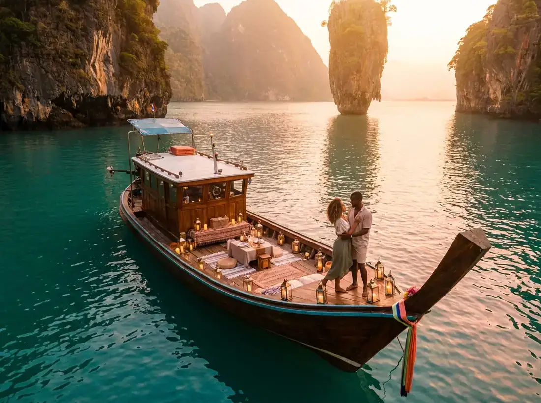 Candle-lit setup for a phang nga bay james bond cliffs private boat lagoon aerial in Phuket