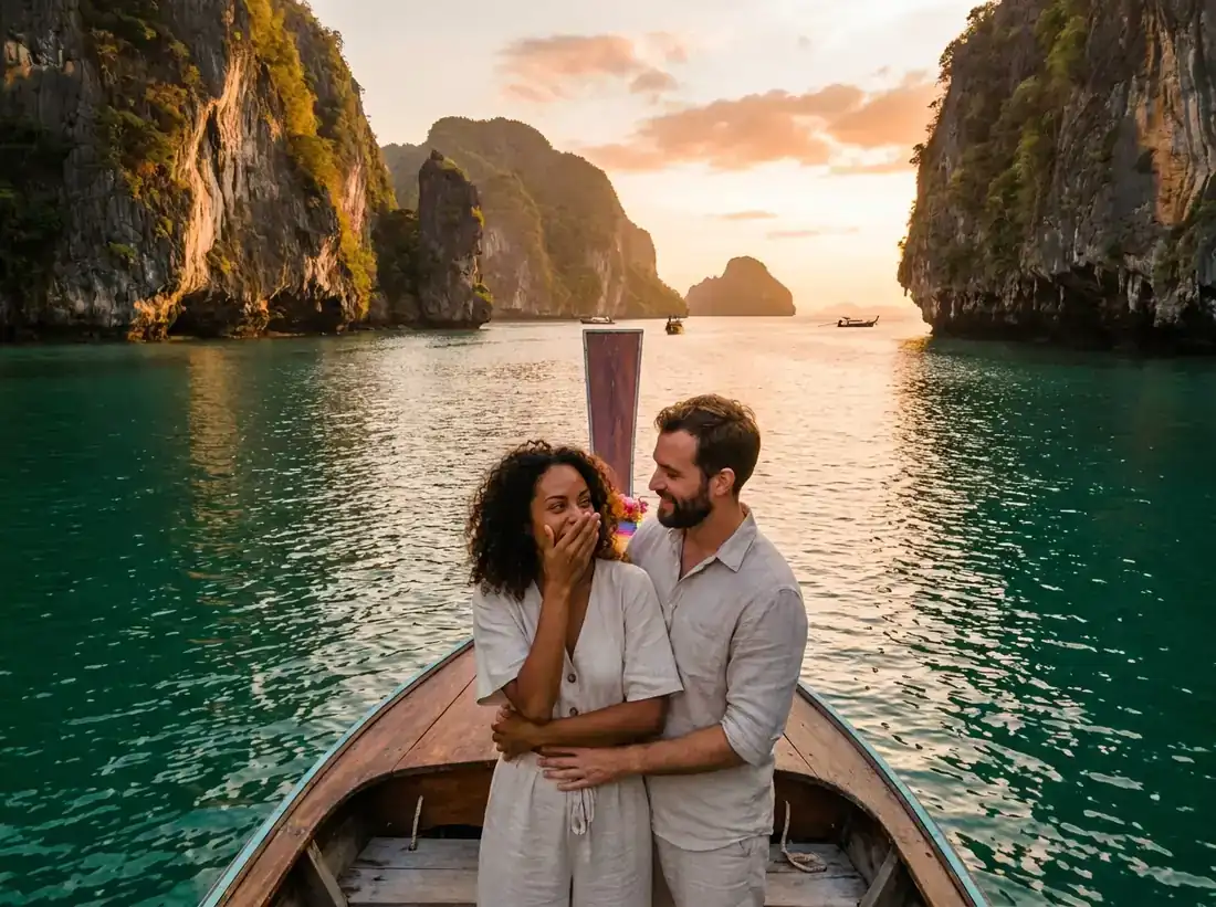 Couple during a phang nga bay james bond cliffs private boat lagoon aerial in Phuket