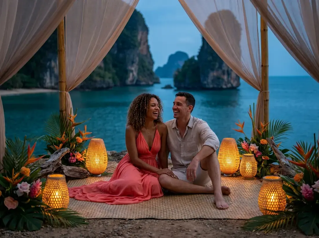 Styled decor for a phuket bali comparison tropical beach cliffs couple in Phuket