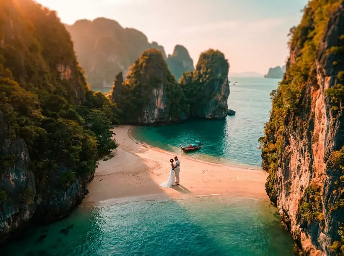 Aerial view of Phang Nga Bay, Thailand for a phuket bali comparison tropical beach cliffs couple