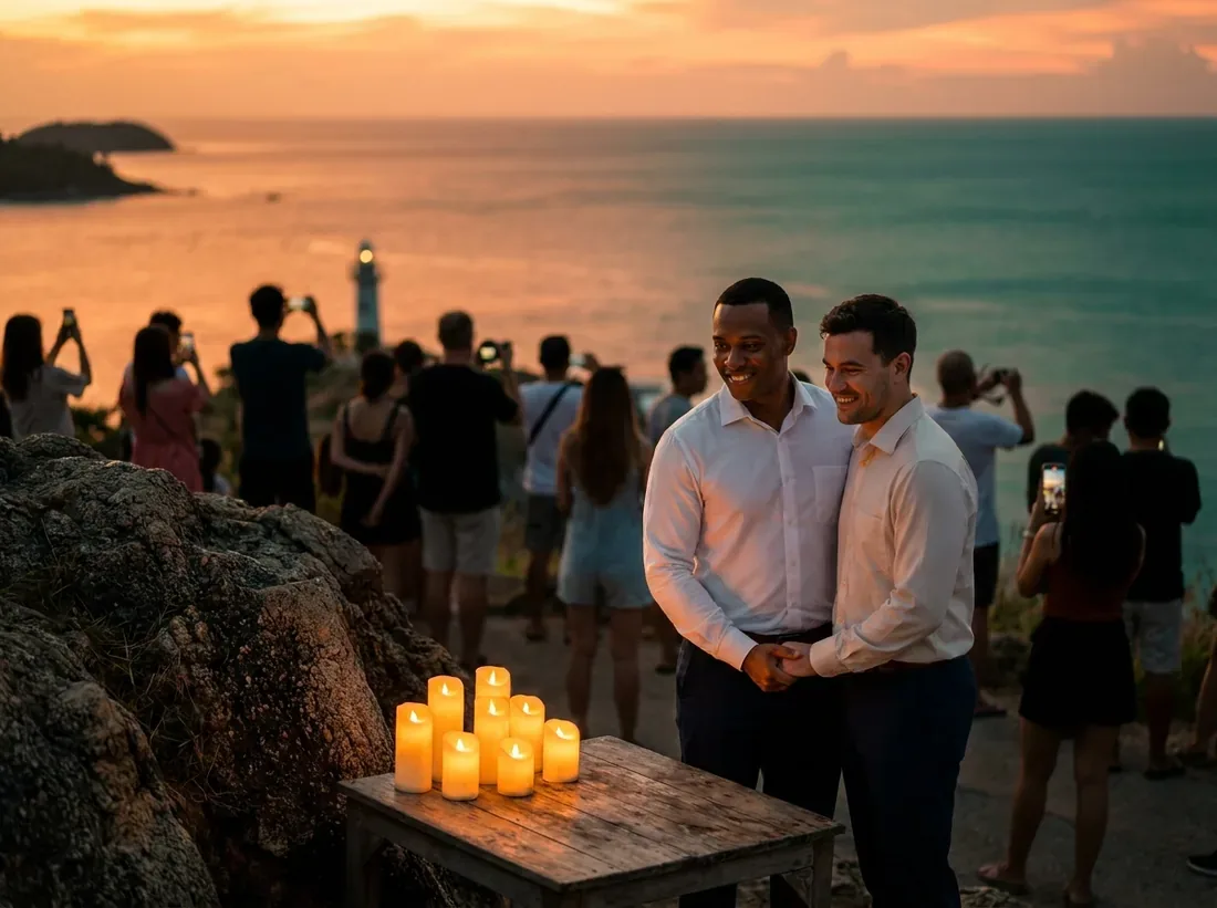 Candle-lit setup for a promthep cape phuket sunset viewpoint crowd andaman in Phuket