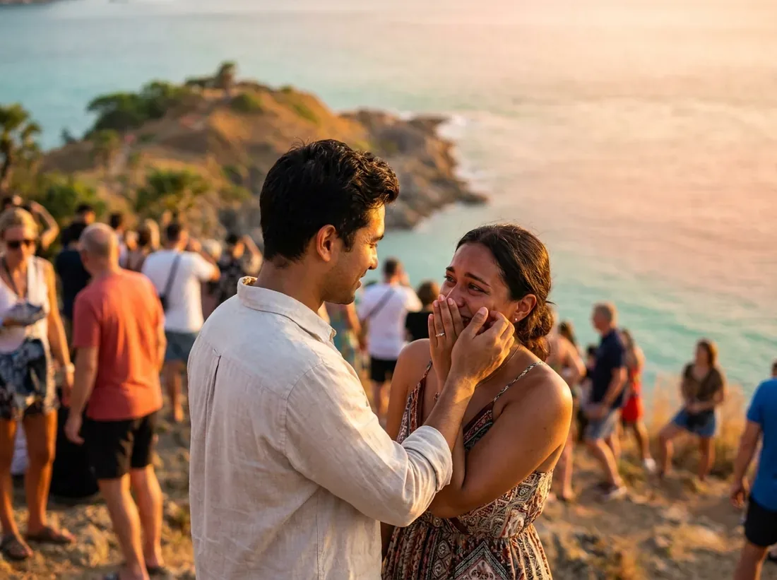 Couple during a promthep cape phuket sunset viewpoint crowd andaman in Phuket