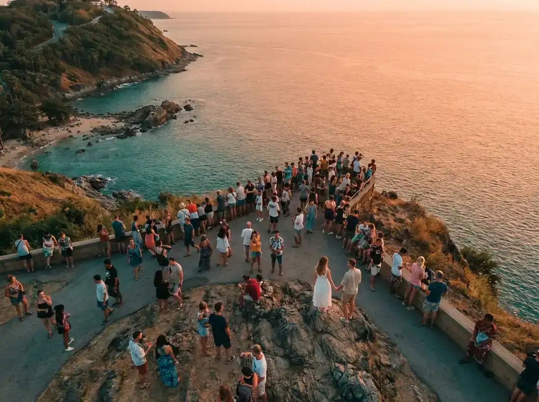 Aerial view of Promthep Cape, Phuket, Thailand for a promthep cape phuket sunset viewpoint crowd andaman
