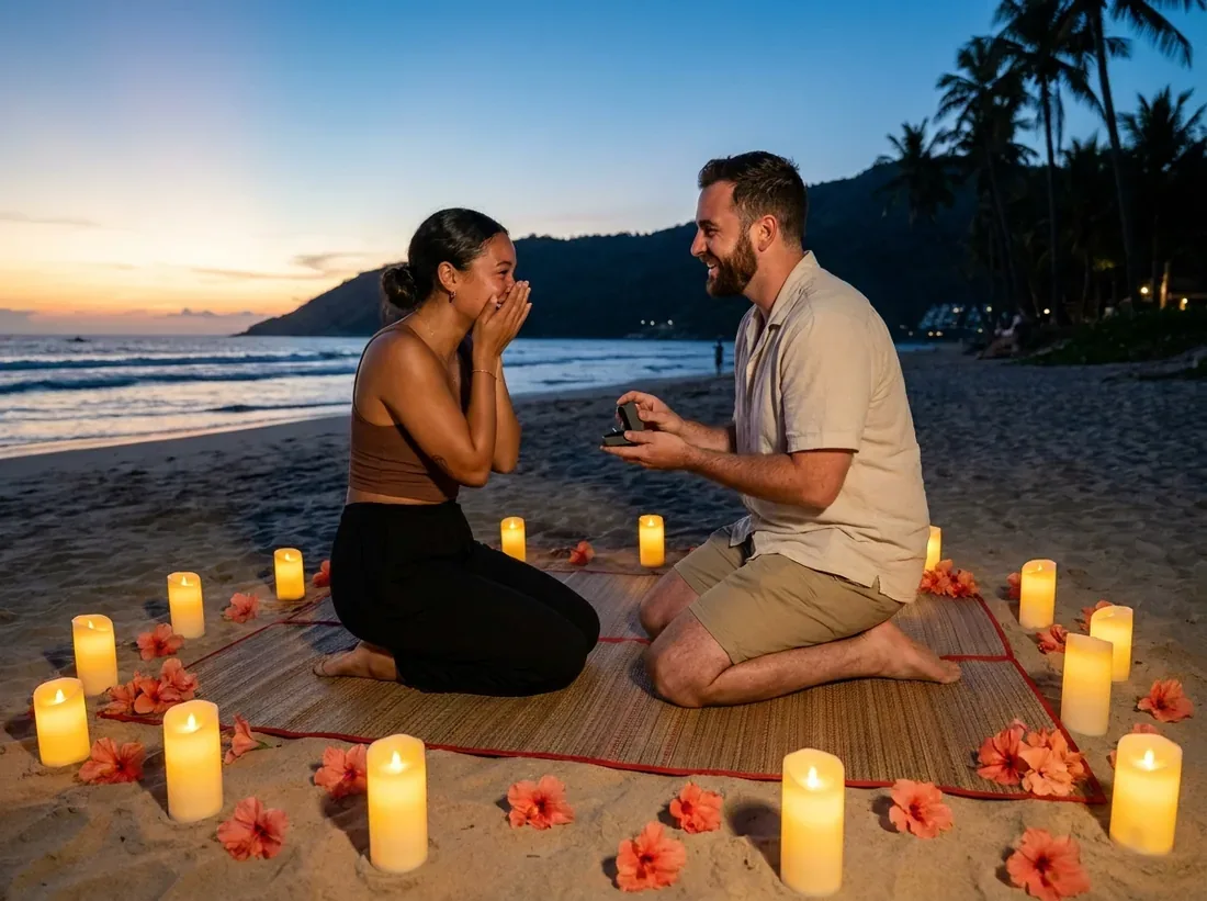 Couple during a proposal cost budget phuket beach setup candles in Phuket