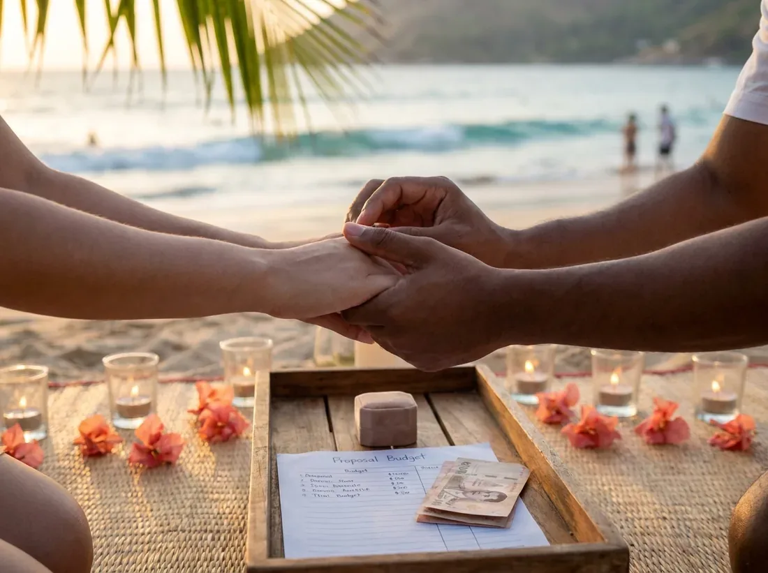 Close-up detail of a proposal cost budget phuket beach setup candles in Phuket