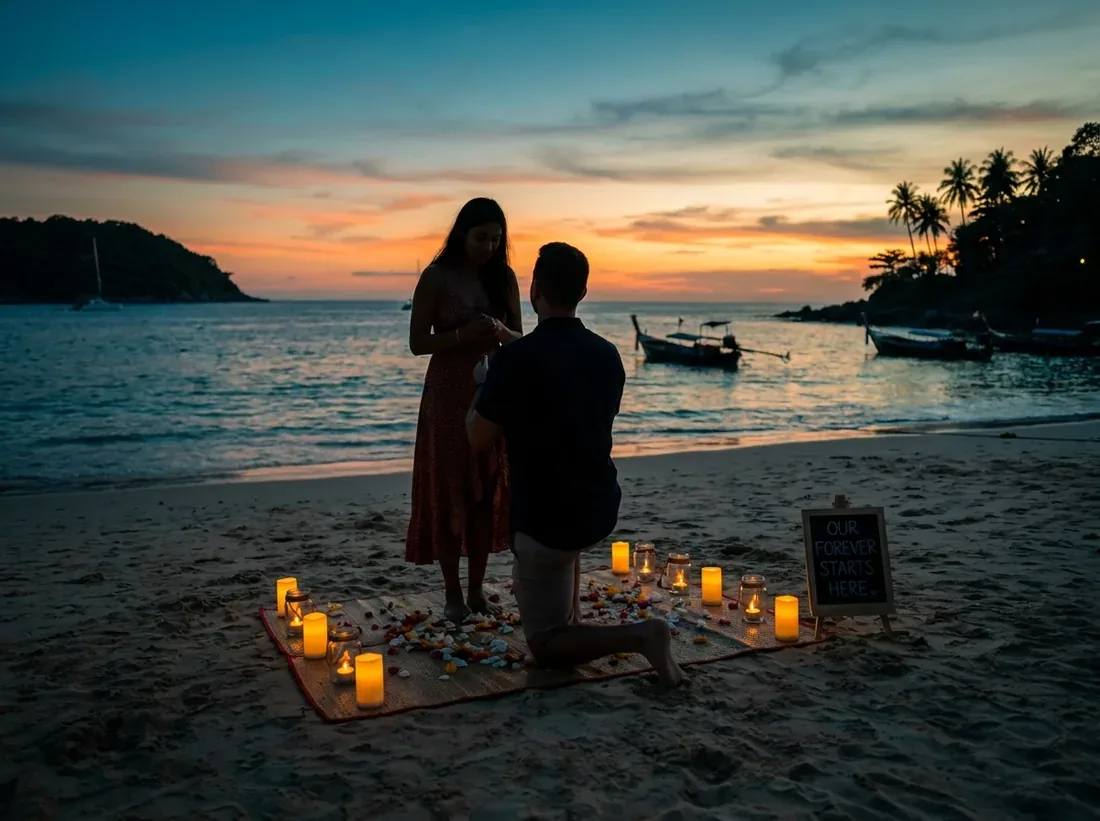 Sunset silhouette of a proposal cost budget phuket beach setup candles in Phuket
