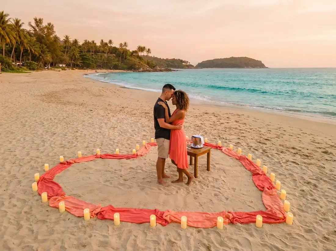 Aerial view of Nai Harn Beach, Phuket, Thailand for a proposal cost budget phuket beach setup candles
