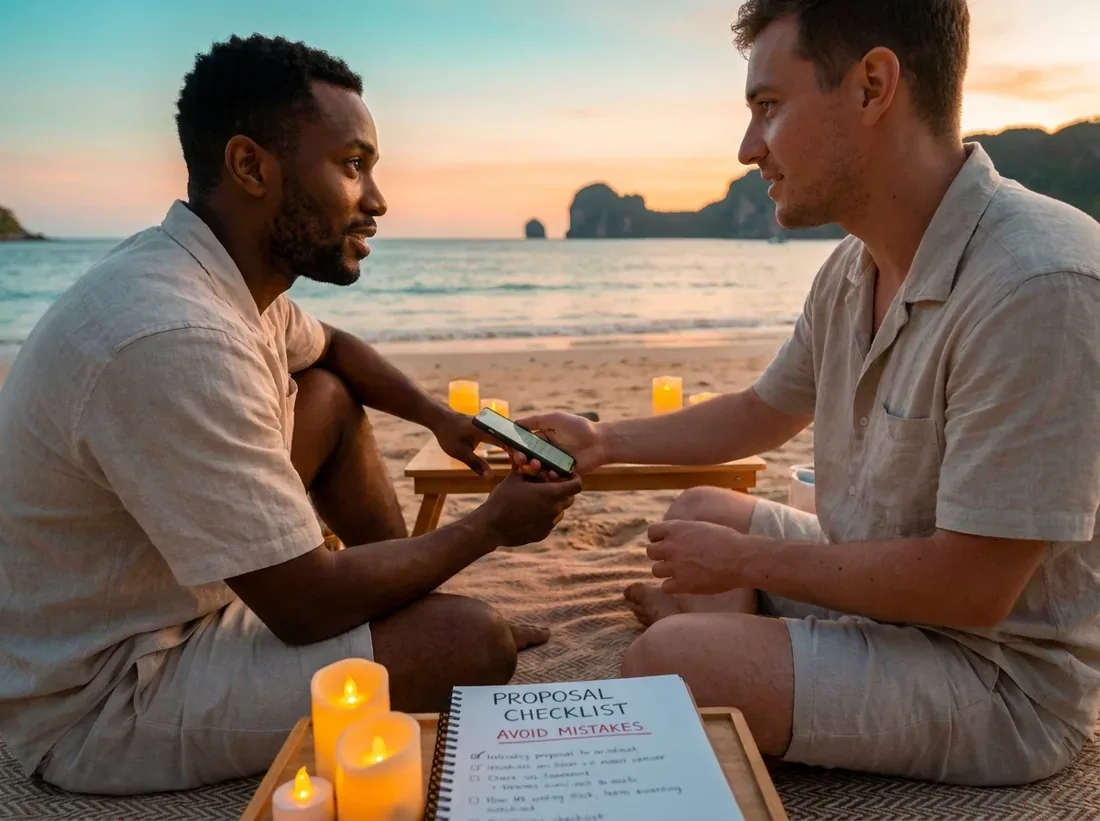 Candle-lit setup for a proposal planning checklist couple beach avoid mistakes in Phuket