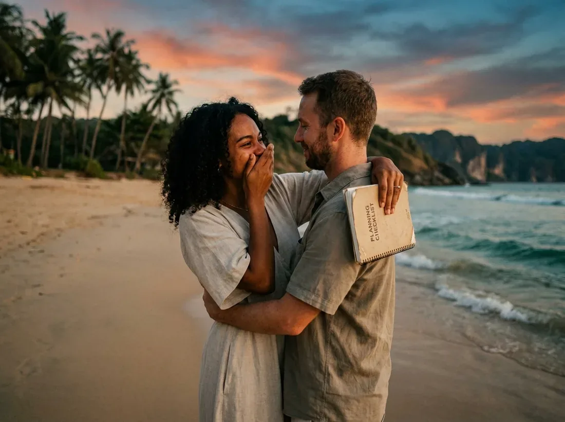 Couple during a proposal planning checklist couple beach avoid mistakes in Phuket