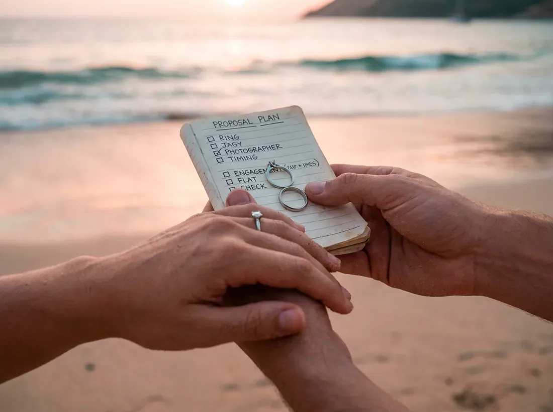 Close-up detail of a proposal planning checklist couple beach avoid mistakes in Phuket