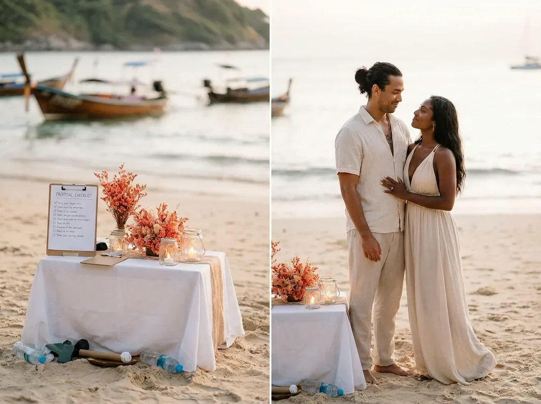 Styled decor for a proposal planning checklist couple beach avoid mistakes in Phuket