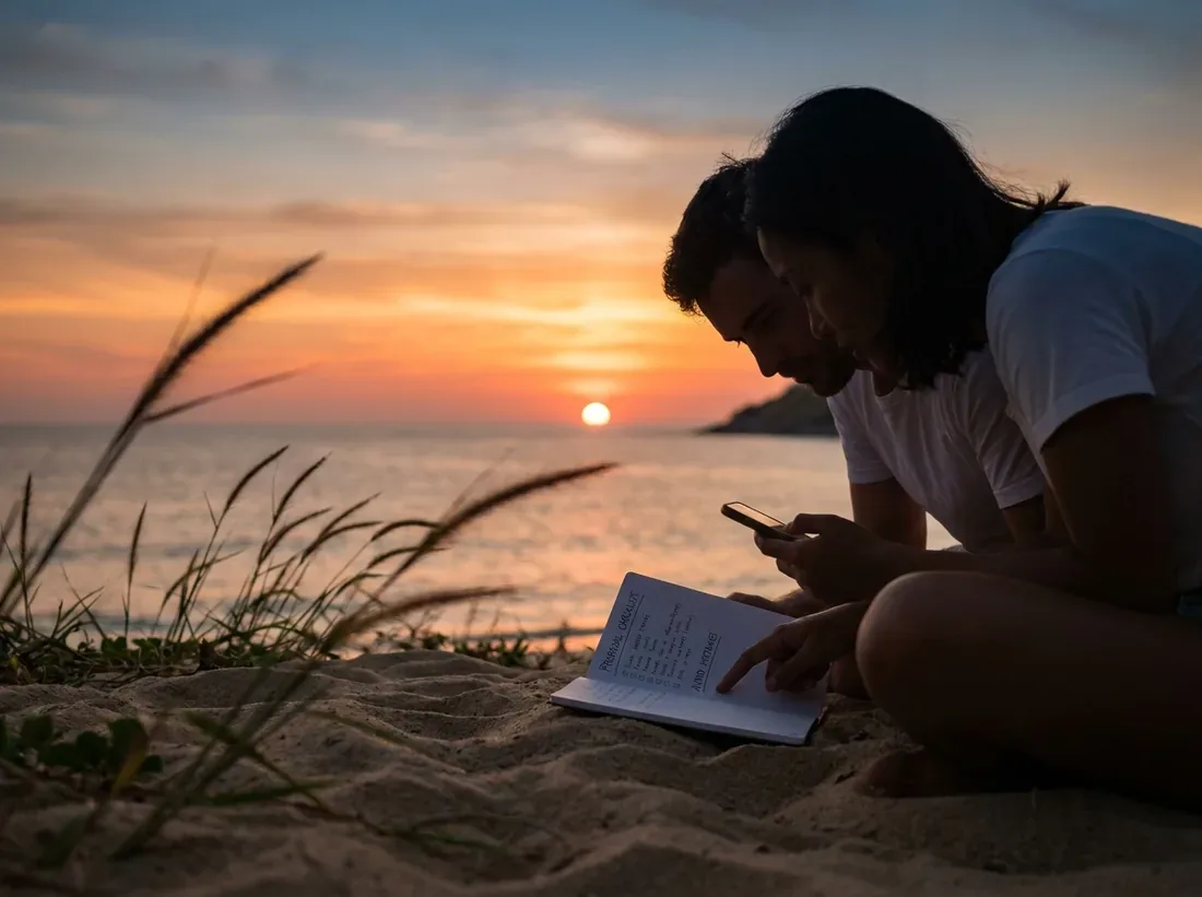 Sunset silhouette of a proposal planning checklist couple beach avoid mistakes in Phuket
