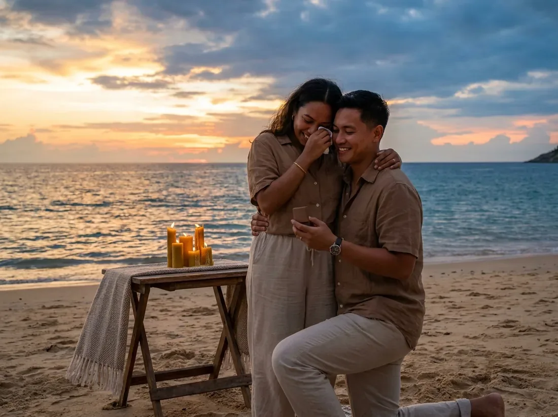 Candle-lit setup for a proposal speech couple sunset beach heartfelt moment in Phuket