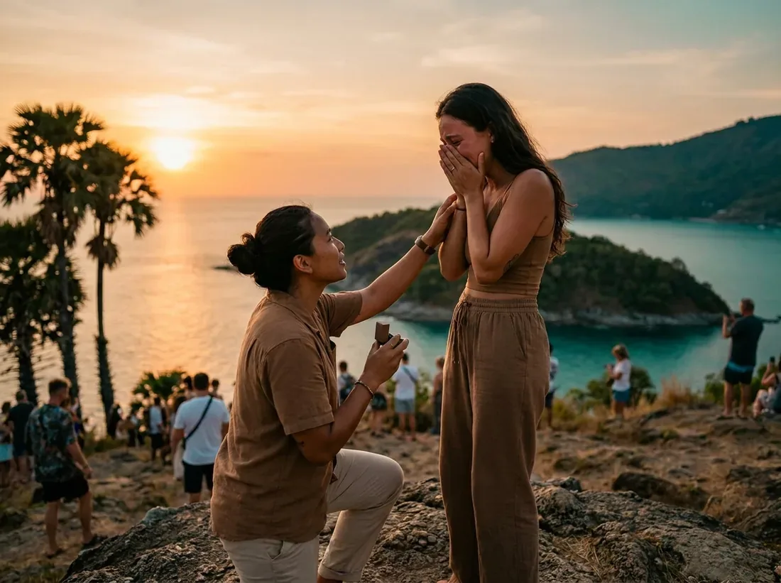 Couple during a proposal speech couple sunset beach heartfelt moment in Phuket
