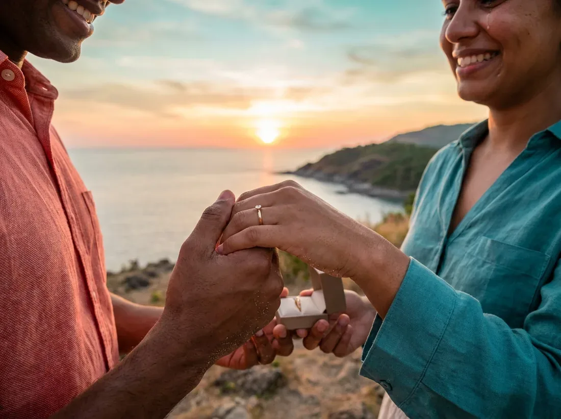Close-up detail of a proposal speech couple sunset beach heartfelt moment in Phuket