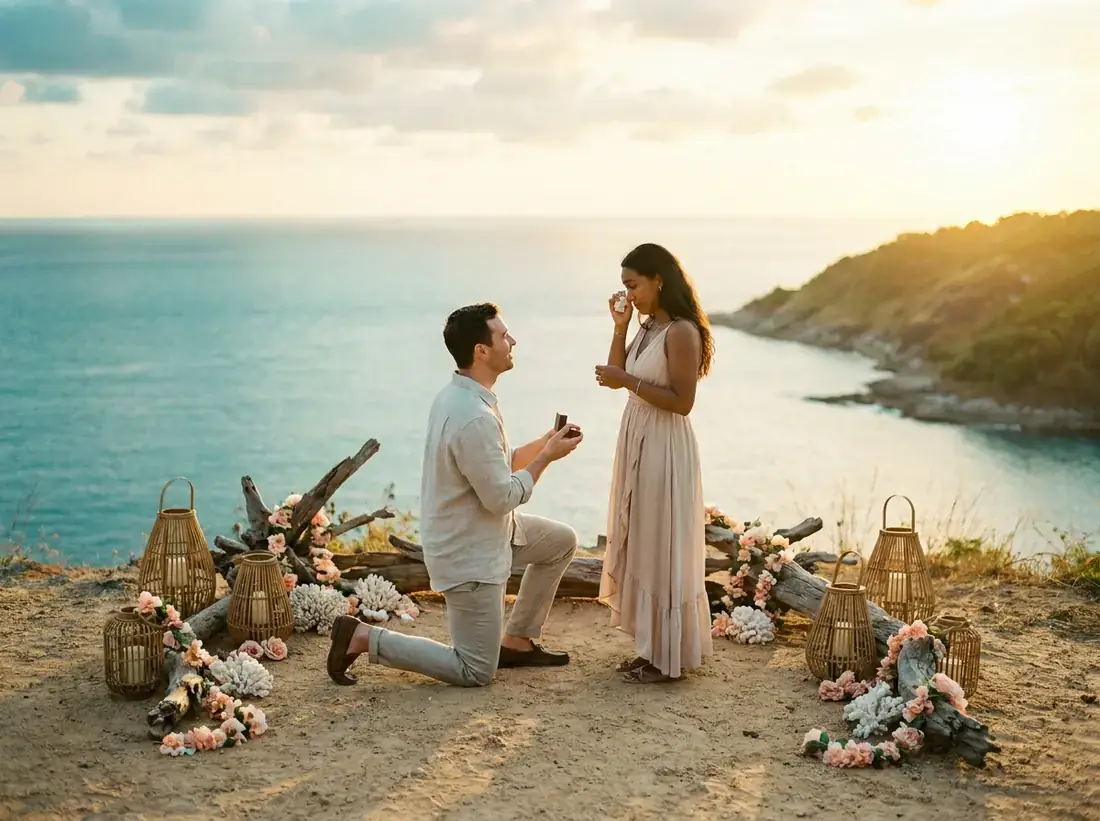 Styled decor for a proposal speech couple sunset beach heartfelt moment in Phuket