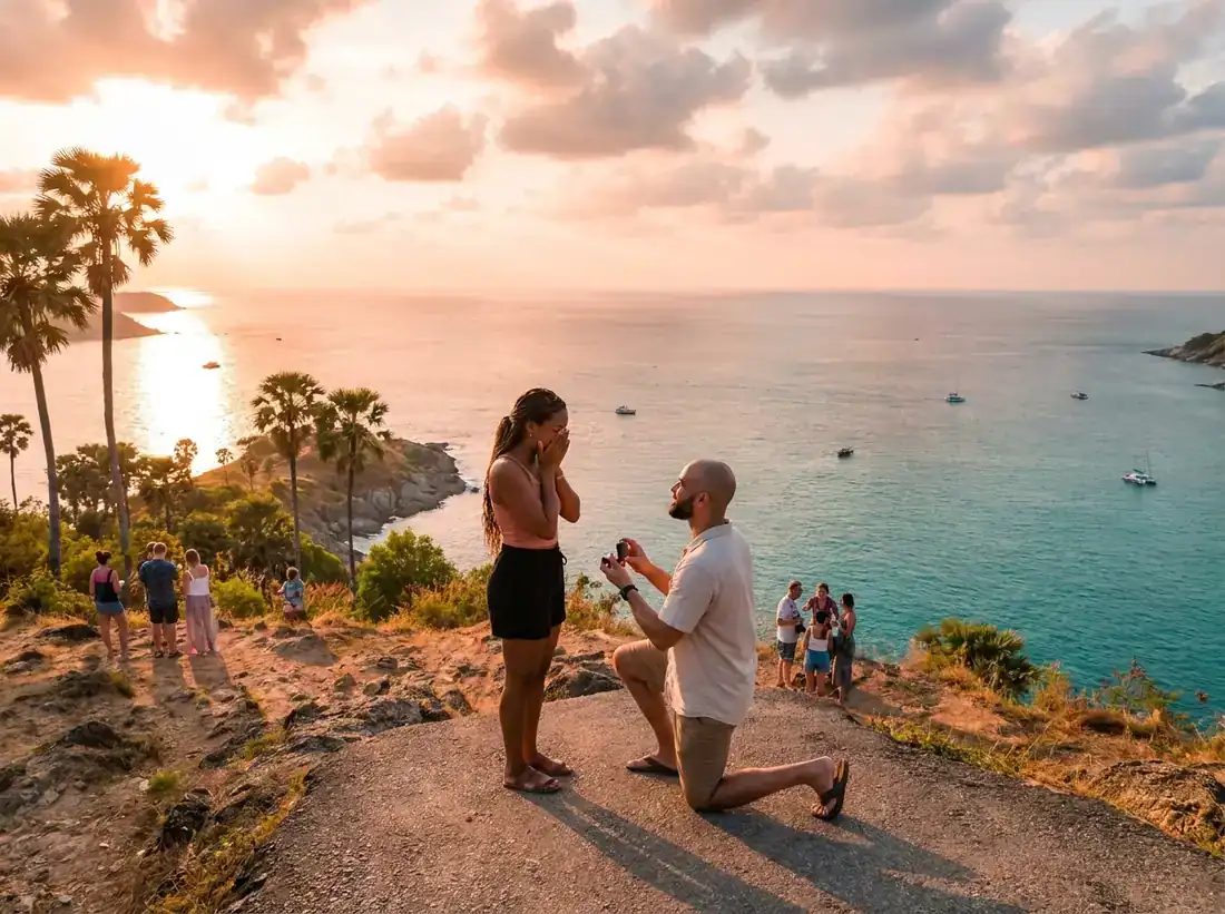 Aerial view of Promthep Cape, Phuket, Thailand for a proposal speech couple sunset beach heartfelt moment