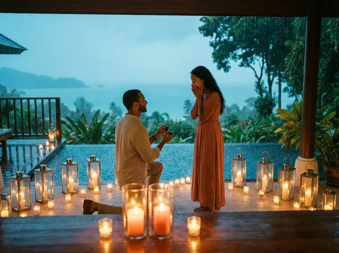 Candle-lit setup for a rainy season phuket covered villa proposal moody romantic in Phuket