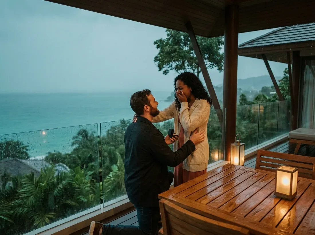 Couple during a rainy season phuket covered villa proposal moody romantic in Phuket