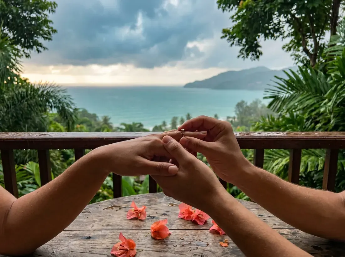 Close-up detail of a rainy season phuket covered villa proposal moody romantic in Phuket