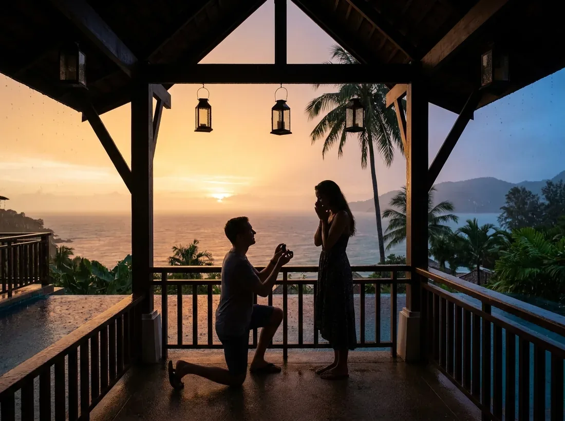 Sunset silhouette of a rainy season phuket covered villa proposal moody romantic in Phuket