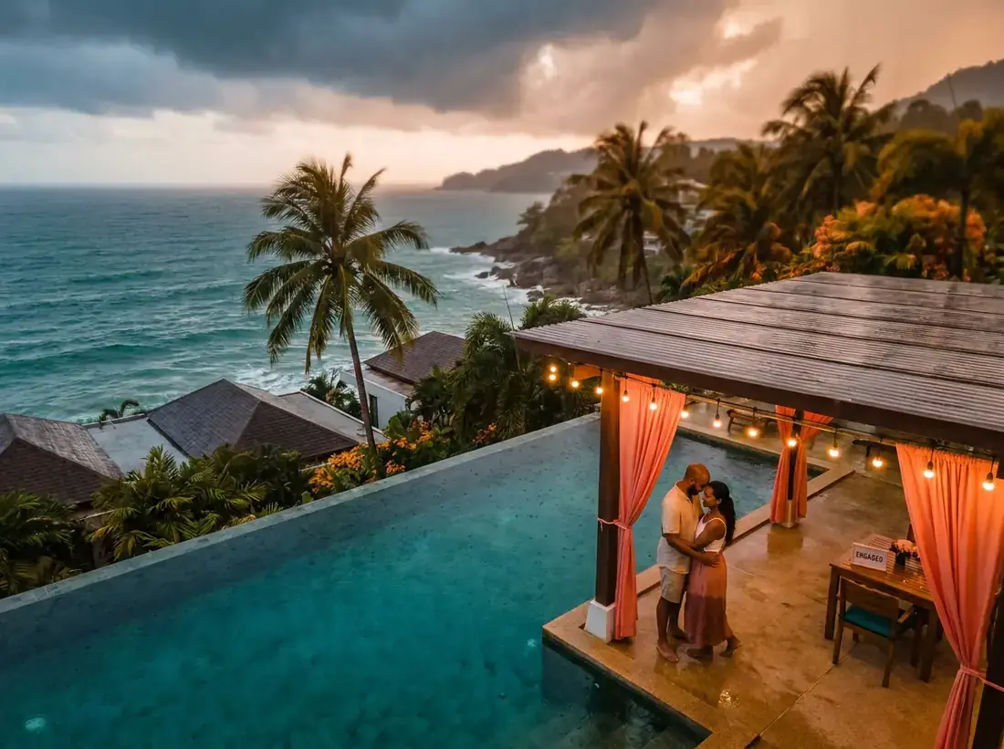 Aerial view of Kamala, Phuket, Thailand for a rainy season phuket covered villa proposal moody romantic