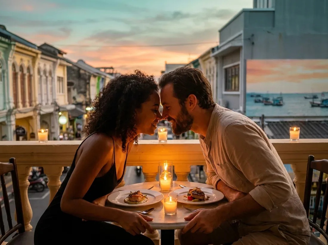 Candle-lit setup for a romantic restaurant phuket sunset terrace fine dining couple in Phuket