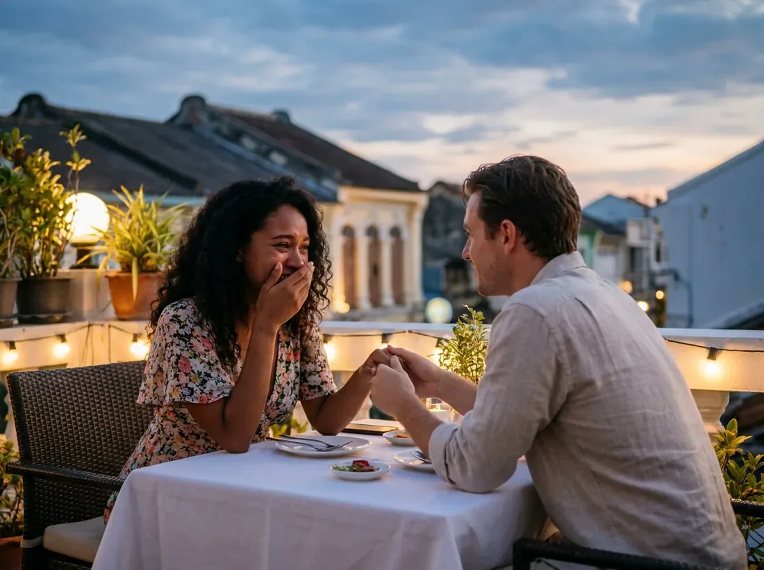 Couple during a romantic restaurant phuket sunset terrace fine dining couple in Phuket
