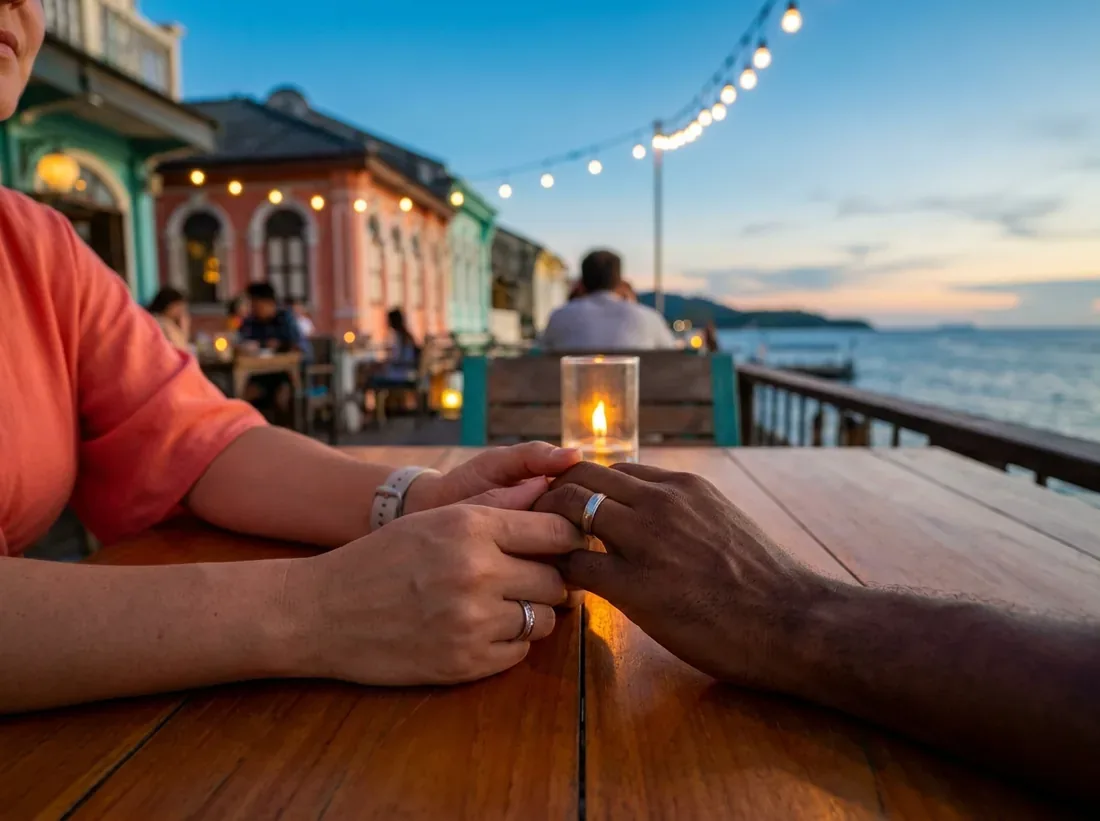Close-up detail of a romantic restaurant phuket sunset terrace fine dining couple in Phuket