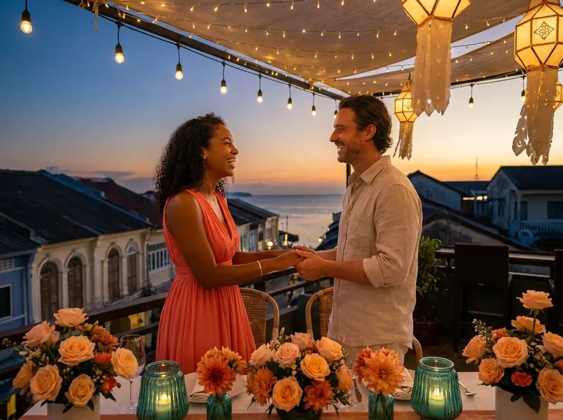 Styled decor for a romantic restaurant phuket sunset terrace fine dining couple in Phuket