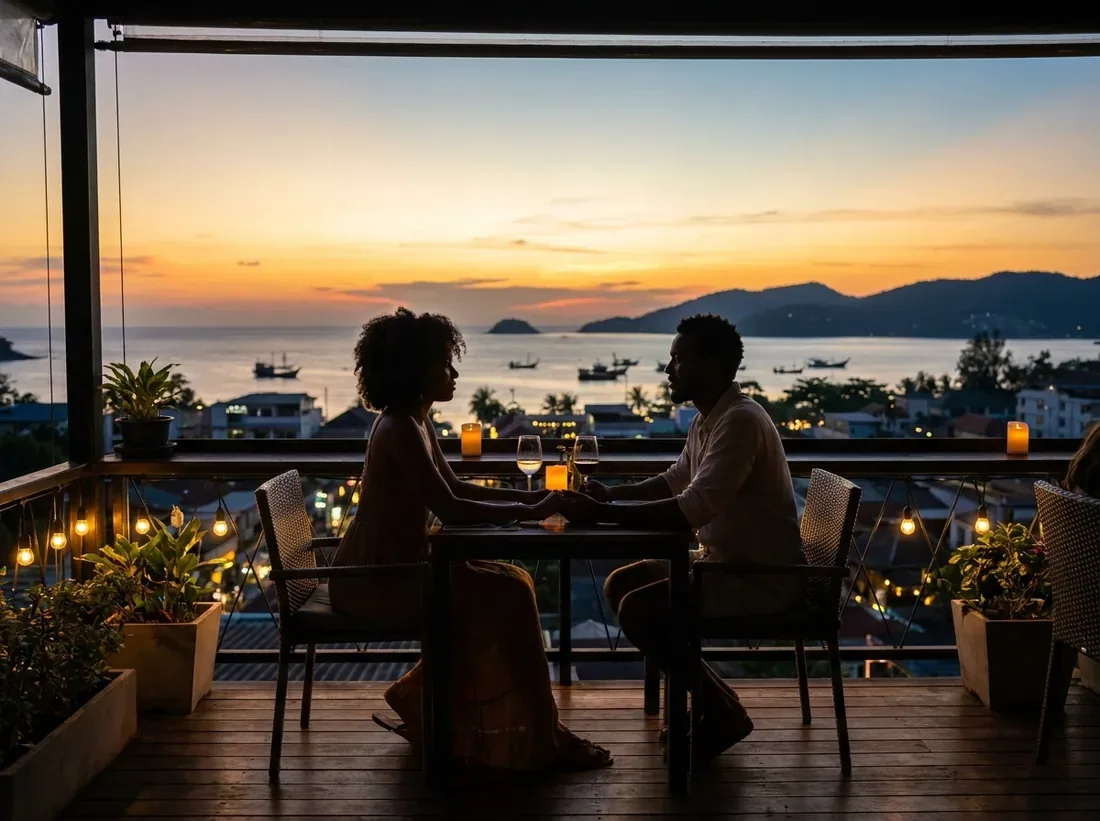 Sunset silhouette of a romantic restaurant phuket sunset terrace fine dining couple in Phuket