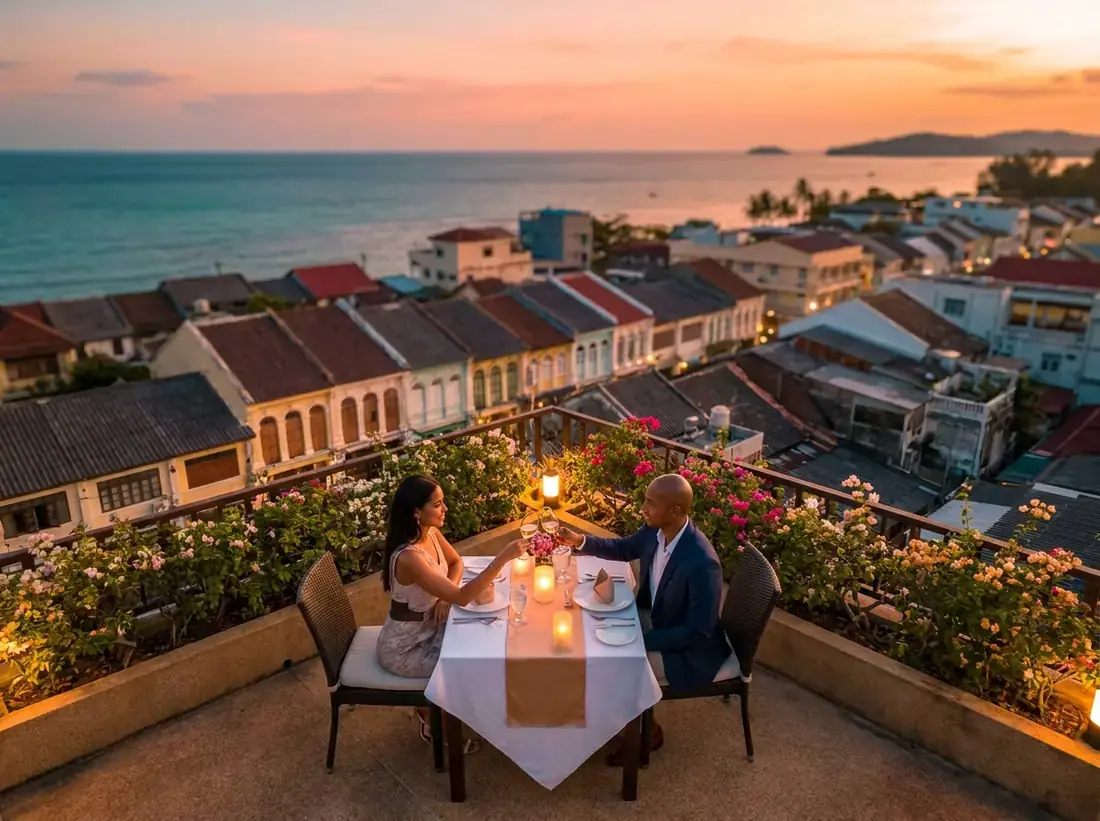 Aerial view of Phuket Old Town, Thailand for a romantic restaurant phuket sunset terrace fine dining couple