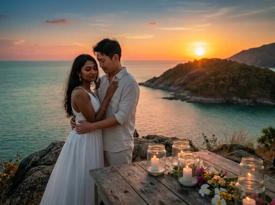 Candle-lit setup for a phuket sunset golden hour promthep cape andaman sea in Phuket