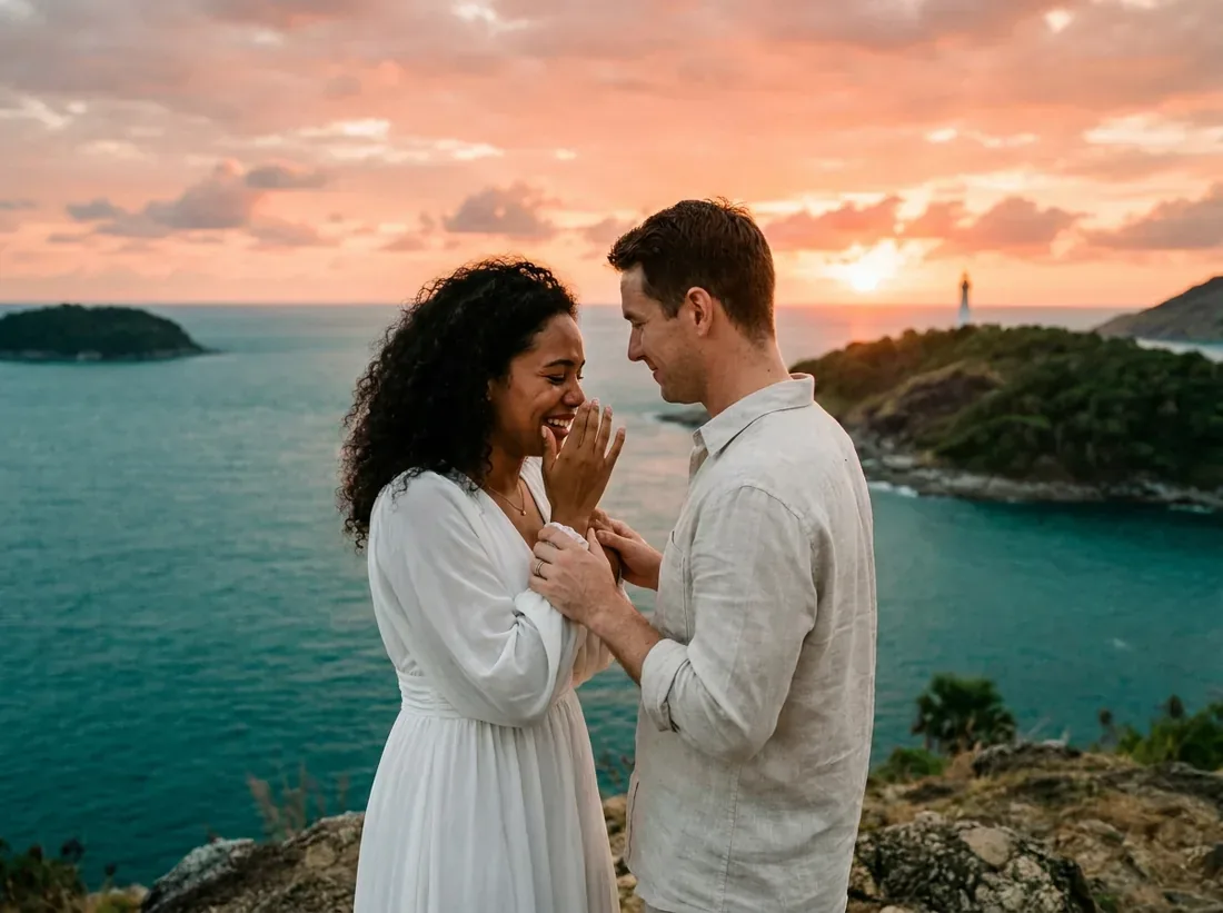 Couple during a phuket sunset golden hour promthep cape andaman sea in Phuket