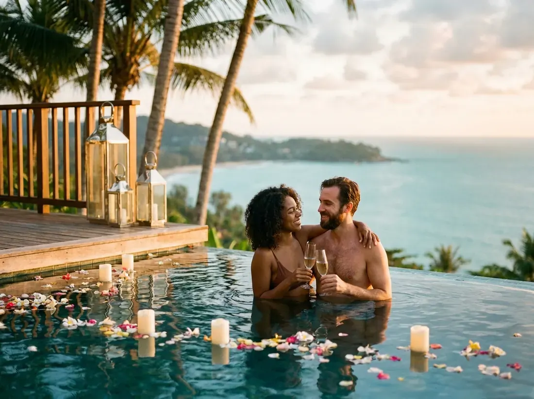 Candle-lit setup for a luxury private villa infinity pool ocean view phuket couple in Phuket